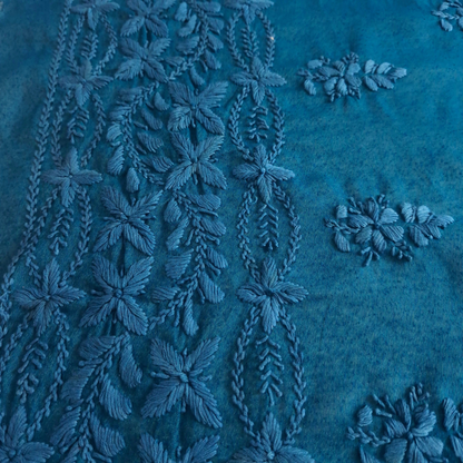 albaas | Lucknavi Chikankari on Karandi Lawn Shirt's Front and Sleeves with Dupatta Sprayed with Motifs - Unstitched 2PC Suit   | AKLCSD-36701-TEAL BLUE