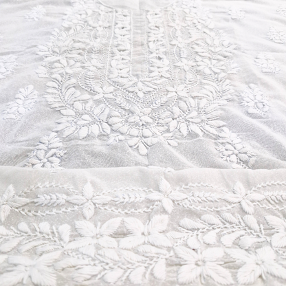 albaas | Lucknavi Chikankari on Karandi Lawn Shirt's Front and Sleeves with Dupatta Sprayed with Motifs - Unstitched 2PC Suit   | AKLCSD-36701-WHITE