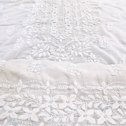 albaas | Lucknavi Chikankari on Karandi Lawn Shirt's Front and Sleeves with Dupatta Sprayed with Motifs - Unstitched 2PC Suit   | AKLCSD-36701-WHITE