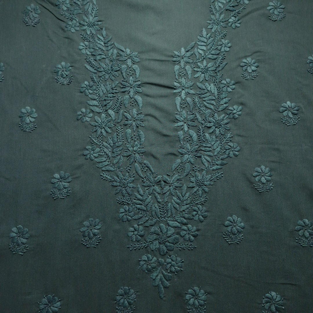albaas | Lucknavi Chikankari on Karandi Lawn Shirt's Front and Sleeves with Dupatta Sprayed with Motifs - Unstitched 2PC Suit   | AKLCSD-36703-BLACKISH GREEN