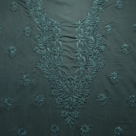 albaas | Lucknavi Chikankari on Karandi Lawn Shirt's Front and Sleeves with Dupatta Sprayed with Motifs - Unstitched 2PC Suit   | AKLCSD-36703-BLACKISH GREEN