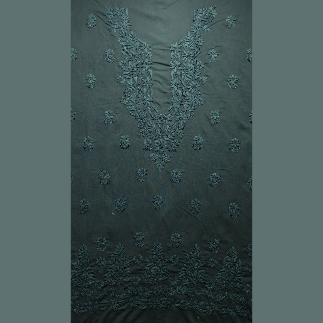 albaas | Lucknavi Chikankari on Karandi Lawn Shirt's Front and Sleeves with Dupatta Sprayed with Motifs - Unstitched 2PC Suit   | AKLCSD-36703-BLACKISH GREEN