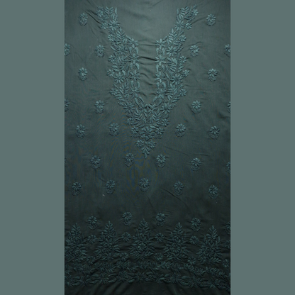 albaas | Lucknavi Chikankari on Karandi Lawn Shirt's Front and Sleeves with Dupatta Sprayed with Motifs - Unstitched 2PC Suit   | AKLCSD-36703-BLACKISH GREEN