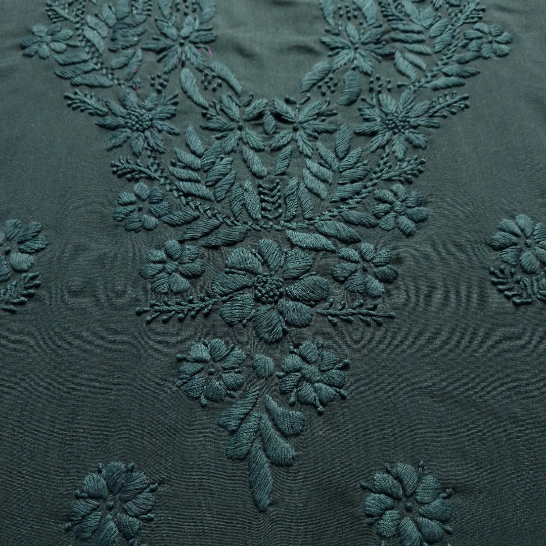 albaas | Lucknavi Chikankari on Karandi Lawn Shirt's Front and Sleeves with Dupatta Sprayed with Motifs - Unstitched 2PC Suit   | AKLCSD-36703-BLACKISH GREEN