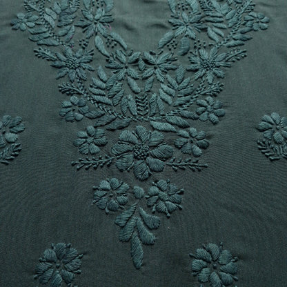 albaas | Lucknavi Chikankari on Karandi Lawn Shirt's Front and Sleeves with Dupatta Sprayed with Motifs - Unstitched 2PC Suit   | AKLCSD-36703-BLACKISH GREEN