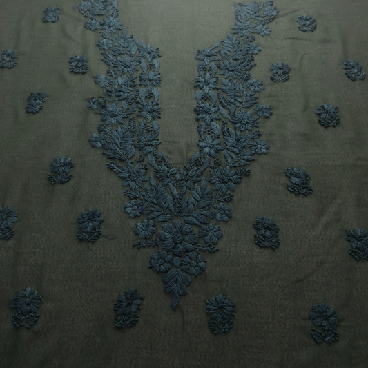 albaas | Lucknavi Chikankari on Karandi Lawn Shirt's Front and Sleeves with Dupatta Sprayed with Motifs - Unstitched 2PC Suit   | AKLCSD-36703-BOTTLE GREEN