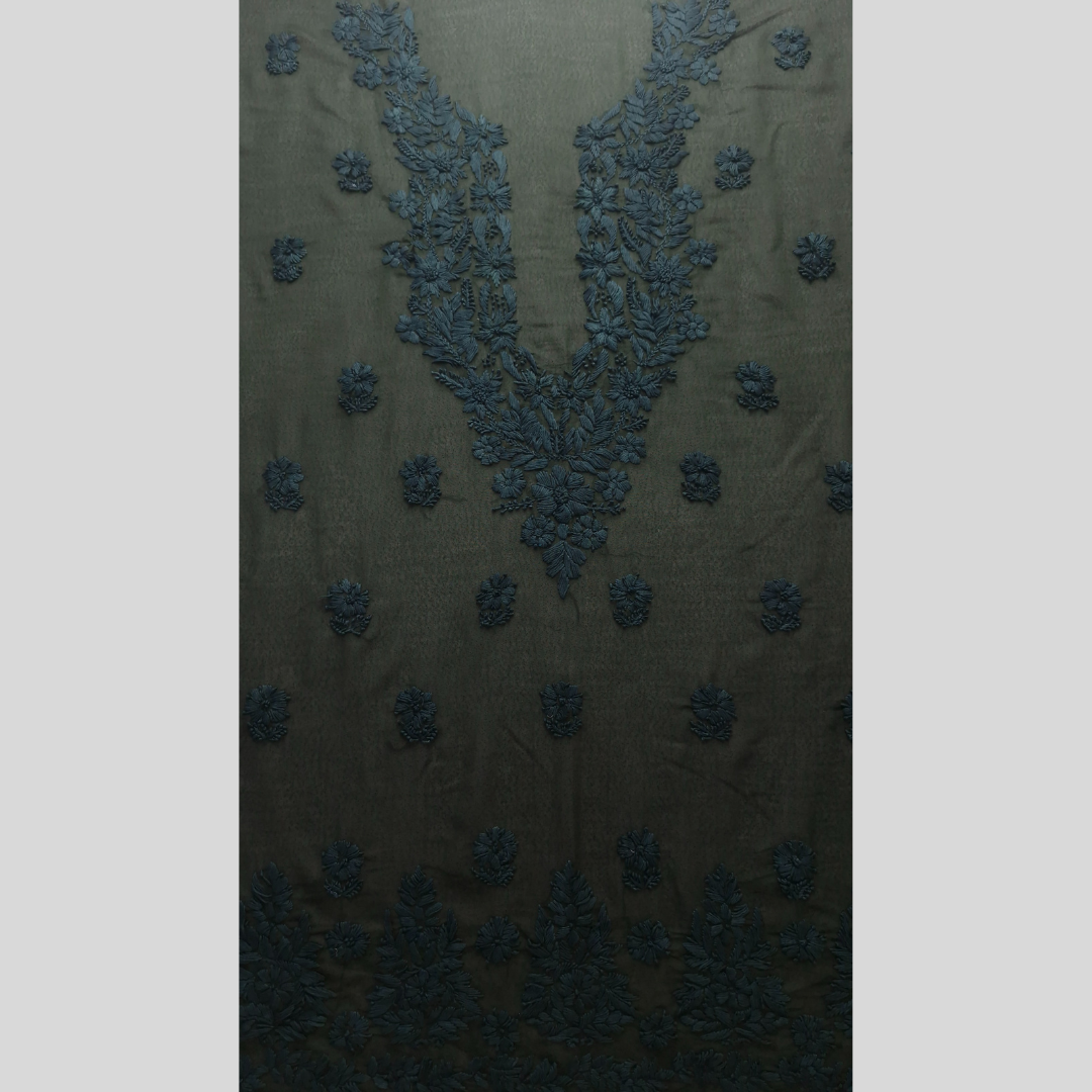 albaas | Lucknavi Chikankari on Karandi Lawn Shirt's Front and Sleeves with Dupatta Sprayed with Motifs - Unstitched 2PC Suit   | AKLCSD-36703-BOTTLE GREEN