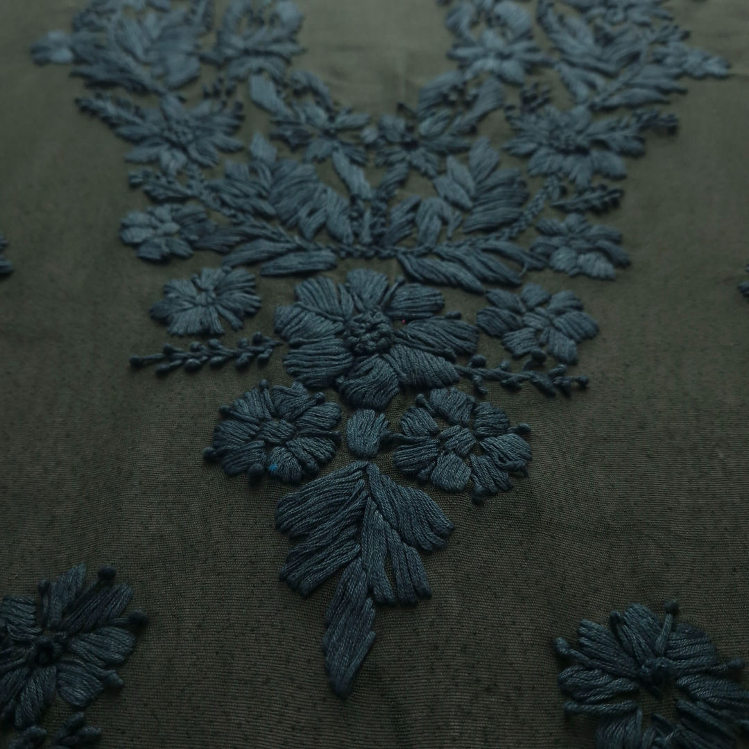 albaas | Lucknavi Chikankari on Karandi Lawn Shirt's Front and Sleeves with Dupatta Sprayed with Motifs - Unstitched 2PC Suit   | AKLCSD-36703-BOTTLE GREEN
