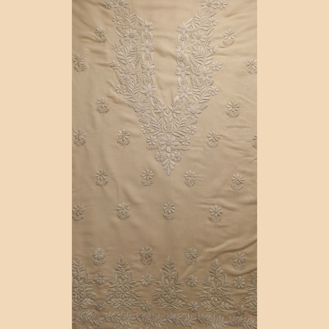 albaas | Lucknavi Chikankari on Karandi Lawn Shirt's Front and Sleeves with Dupatta Sprayed with Motifs - Unstitched 2PC Suit   | AKLCSD-36703-GENTLE BEIGE