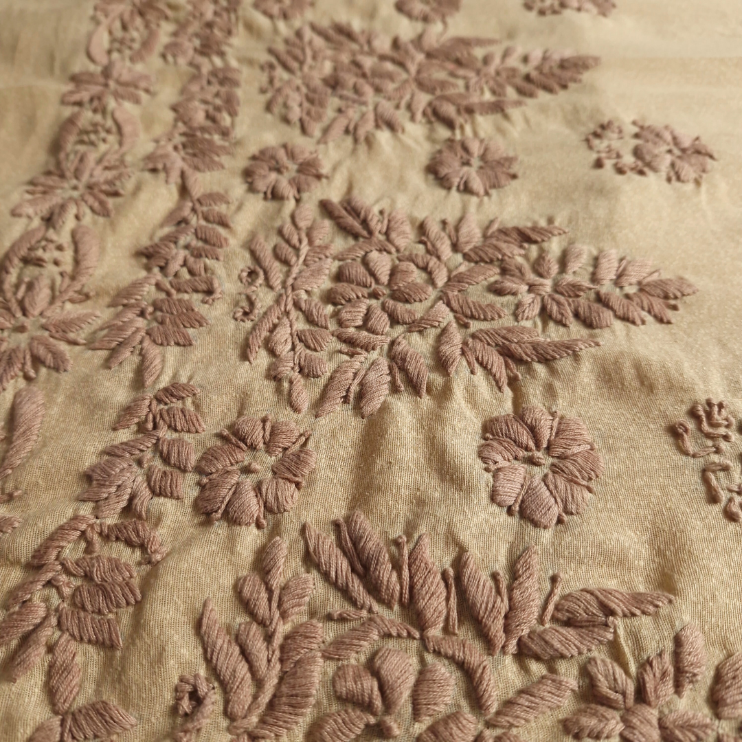 albaas | Lucknavi Chikankari on Karandi Lawn Shirt's Front and Sleeves with Dupatta Sprayed with Motifs - Unstitched 2PC Suit   | AKLCSD-36703-KHAKI1