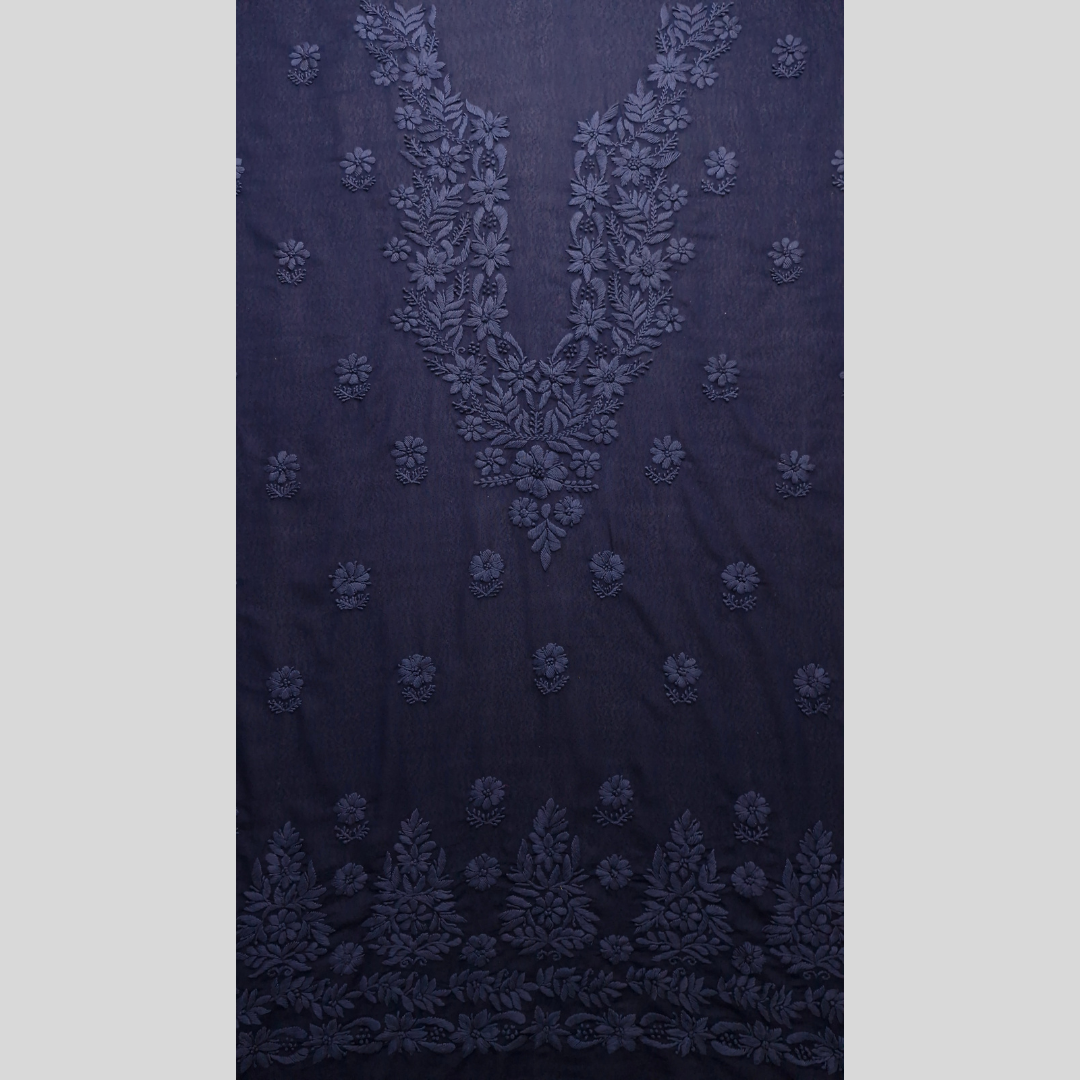 albaas | Lucknavi Chikankari on Karandi Lawn Shirt's Front and Sleeves with Dupatta Sprayed with Motifs - Unstitched 2PC Suit   | AKLCSD-36703-NAVY BLUE