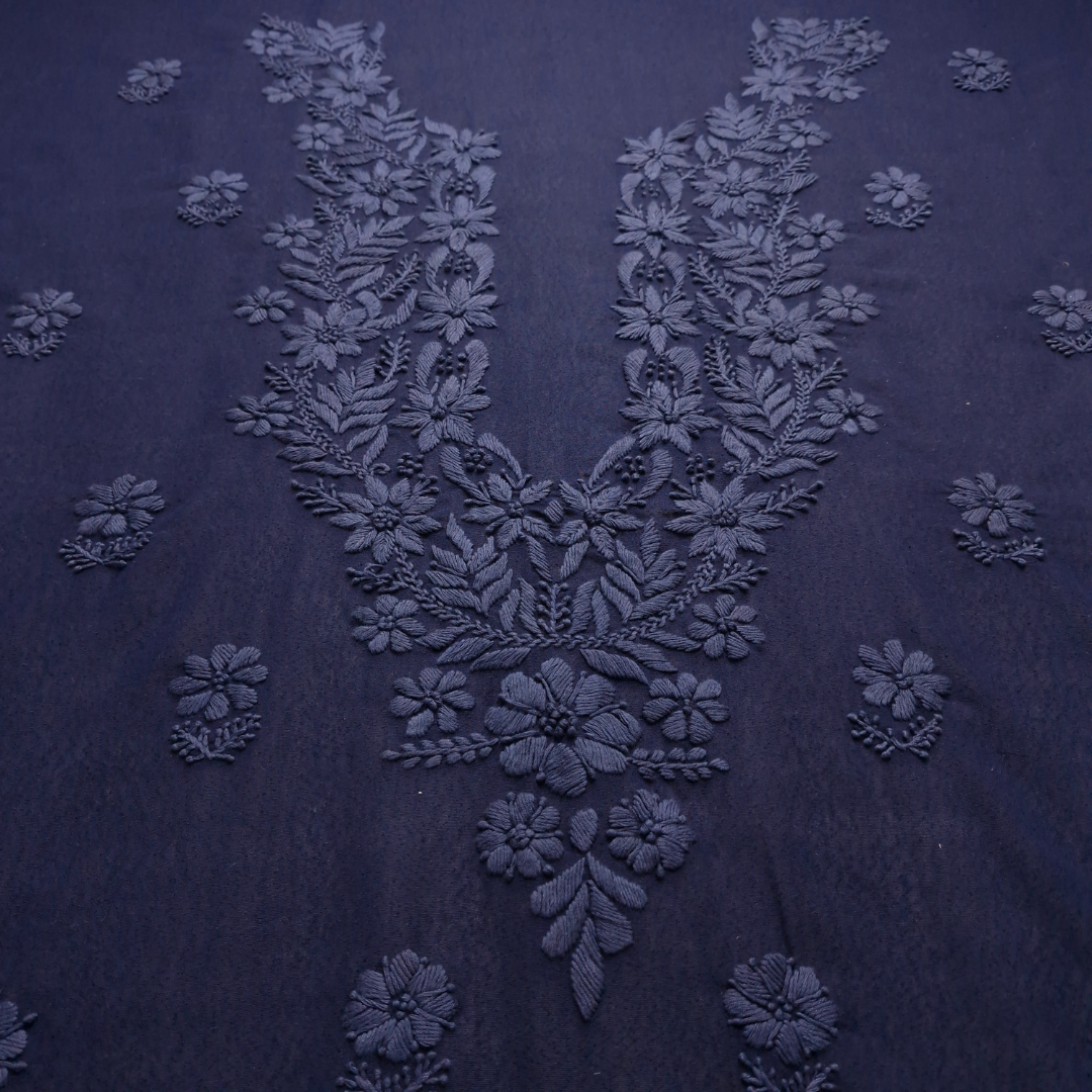 albaas | Lucknavi Chikankari on Karandi Lawn Shirt's Front and Sleeves with Dupatta Sprayed with Motifs - Unstitched 2PC Suit   | AKLCSD-36703-NAVY BLUE