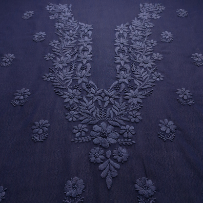 albaas | Lucknavi Chikankari on Karandi Lawn Shirt's Front and Sleeves with Dupatta Sprayed with Motifs - Unstitched 2PC Suit   | AKLCSD-36703-NAVY BLUE