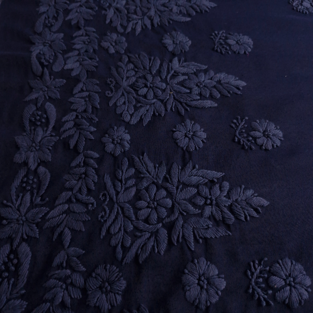 albaas | Lucknavi Chikankari on Karandi Lawn Shirt's Front and Sleeves with Dupatta Sprayed with Motifs - Unstitched 2PC Suit   | AKLCSD-36703-NAVY BLUE