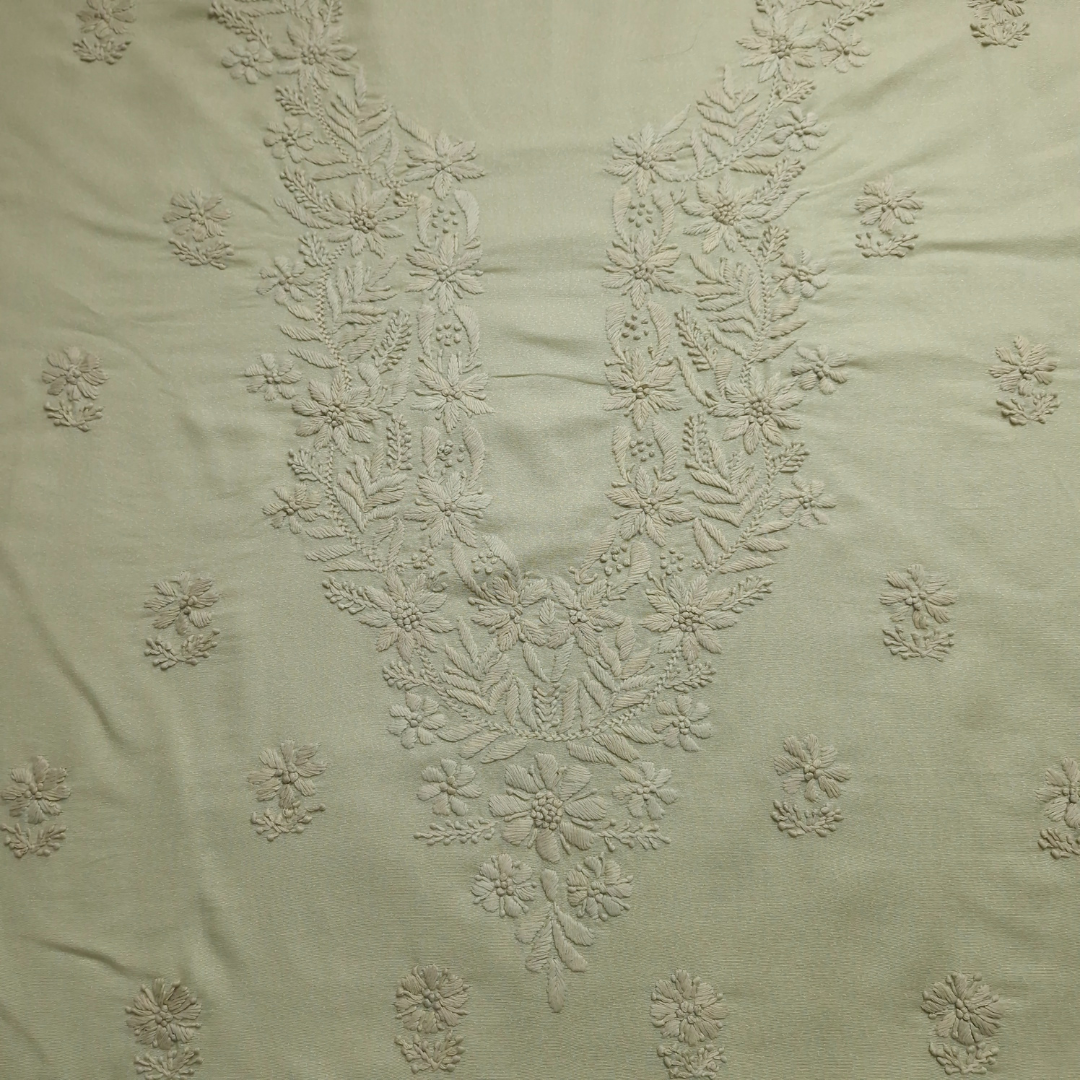 albaas | Lucknavi Chikankari on Karandi Lawn Shirt's Front and Sleeves with Dupatta Sprayed with Motifs - Unstitched 2PC Suit   | AKLCSD-36703-TEA GREEN