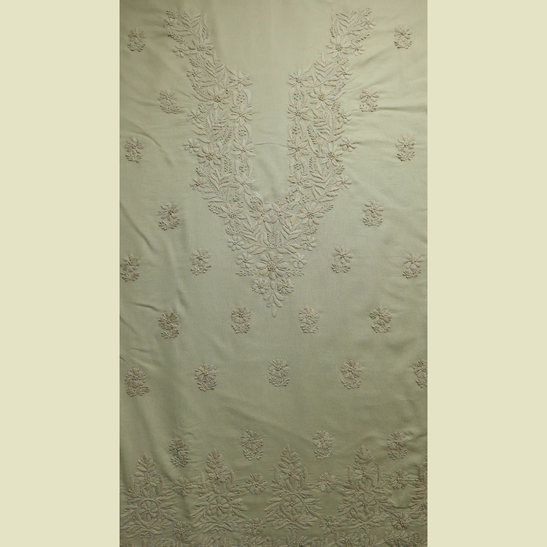 albaas | Lucknavi Chikankari on Karandi Lawn Shirt's Front and Sleeves with Dupatta Sprayed with Motifs - Unstitched 2PC Suit   | AKLCSD-36703-TEA GREEN