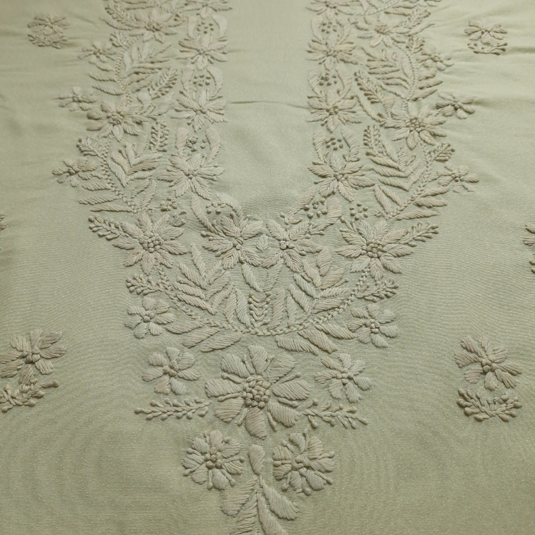 albaas | Lucknavi Chikankari on Karandi Lawn Shirt's Front and Sleeves with Dupatta Sprayed with Motifs - Unstitched 2PC Suit   | AKLCSD-36703-TEA GREEN