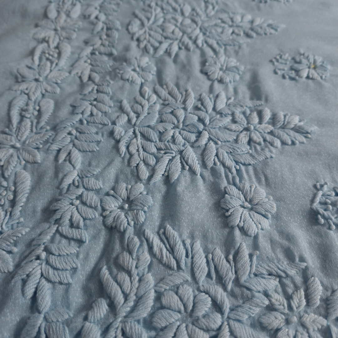 albaas | Lucknavi Chikankari on Karandi Lawn Shirt's Front and Sleeves with Dupatta Sprayed with Motifs - Unstitched 2PC Suit   | AKLCSD-36703-WATER