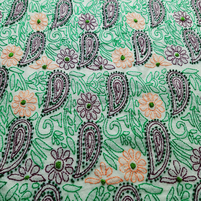 albaas | Shadow Chikankari on Khadi Net Shirt's Front and Sleeves with Dupatta Sprayed with Motifs - Unstitched 2PC Suit   | AKNSSD-36550-A-GREEN-O-WHITE