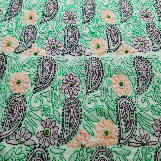 albaas | Shadow Chikankari on Khadi Net Shirt's Front and Sleeves with Dupatta Sprayed with Motifs - Unstitched 2PC Suit   | AKNSSD-36550-A-GREEN-O-WHITE