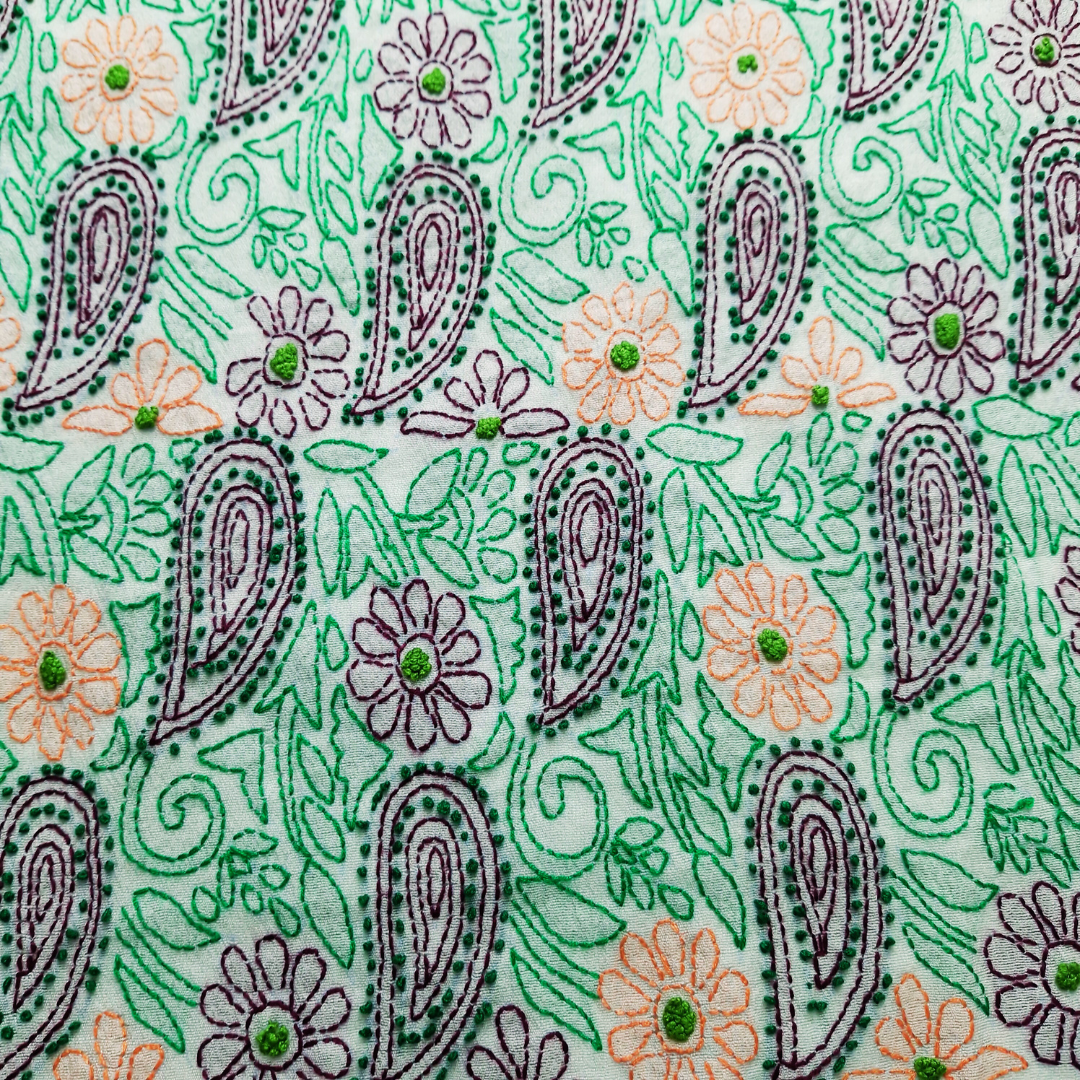 albaas | Shadow Chikankari on Khadi Net Shirt's Front and Sleeves with Dupatta Sprayed with Motifs - Unstitched 2PC Suit   | AKNSSD-36550-A-GREEN-O-WHITE