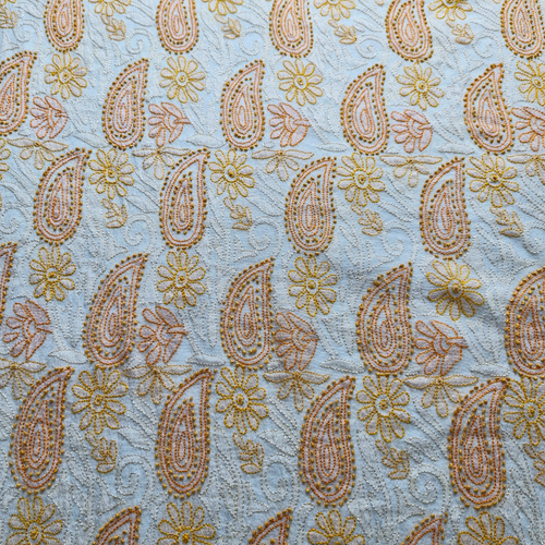 albaas | Shadow Chikankari on Khadi Net Shirt's Front and Sleeves with Dupatta Sprayed with Motifs - Unstitched 2PC Suit   | AKNSSD-36550-A-ORANGE-O-WHITE