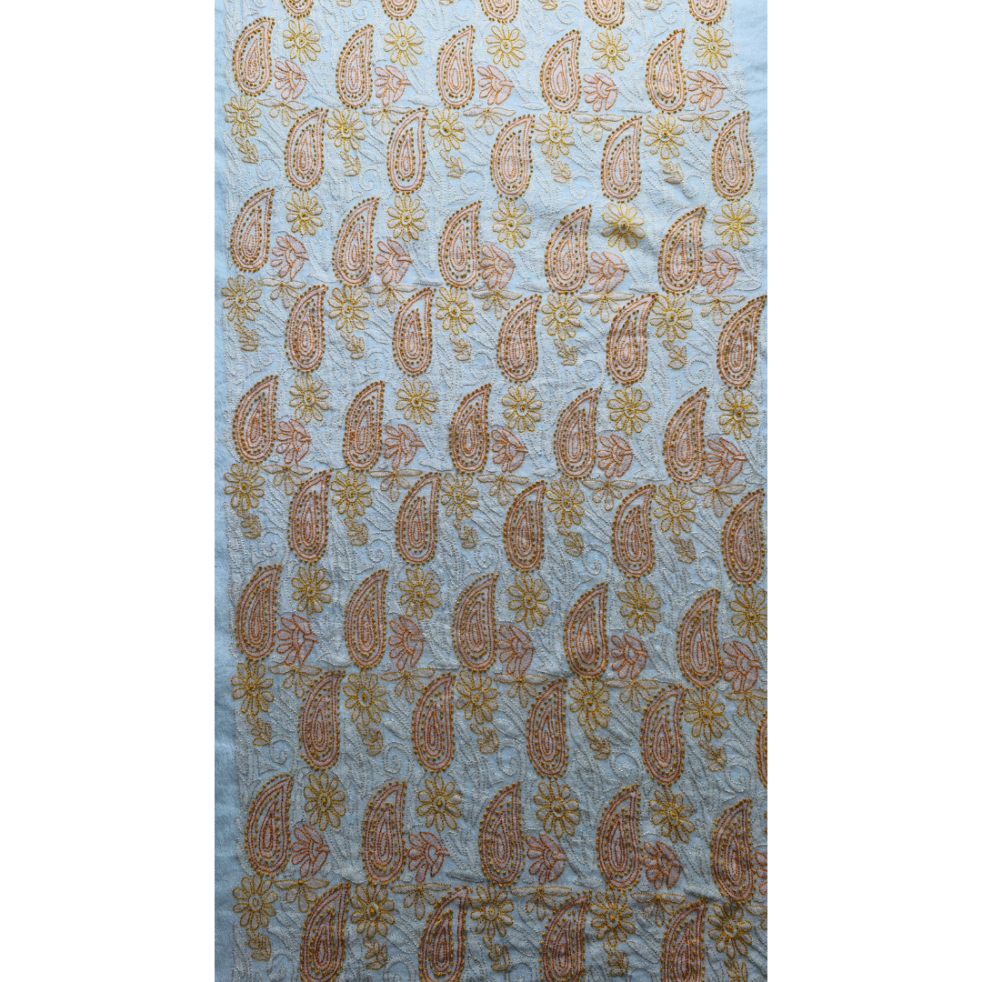 albaas | Shadow Chikankari on Khadi Net Shirt's Front and Sleeves with Dupatta Sprayed with Motifs - Unstitched 2PC Suit   | AKNSSD-36550-A-ORANGE-O-WHITE