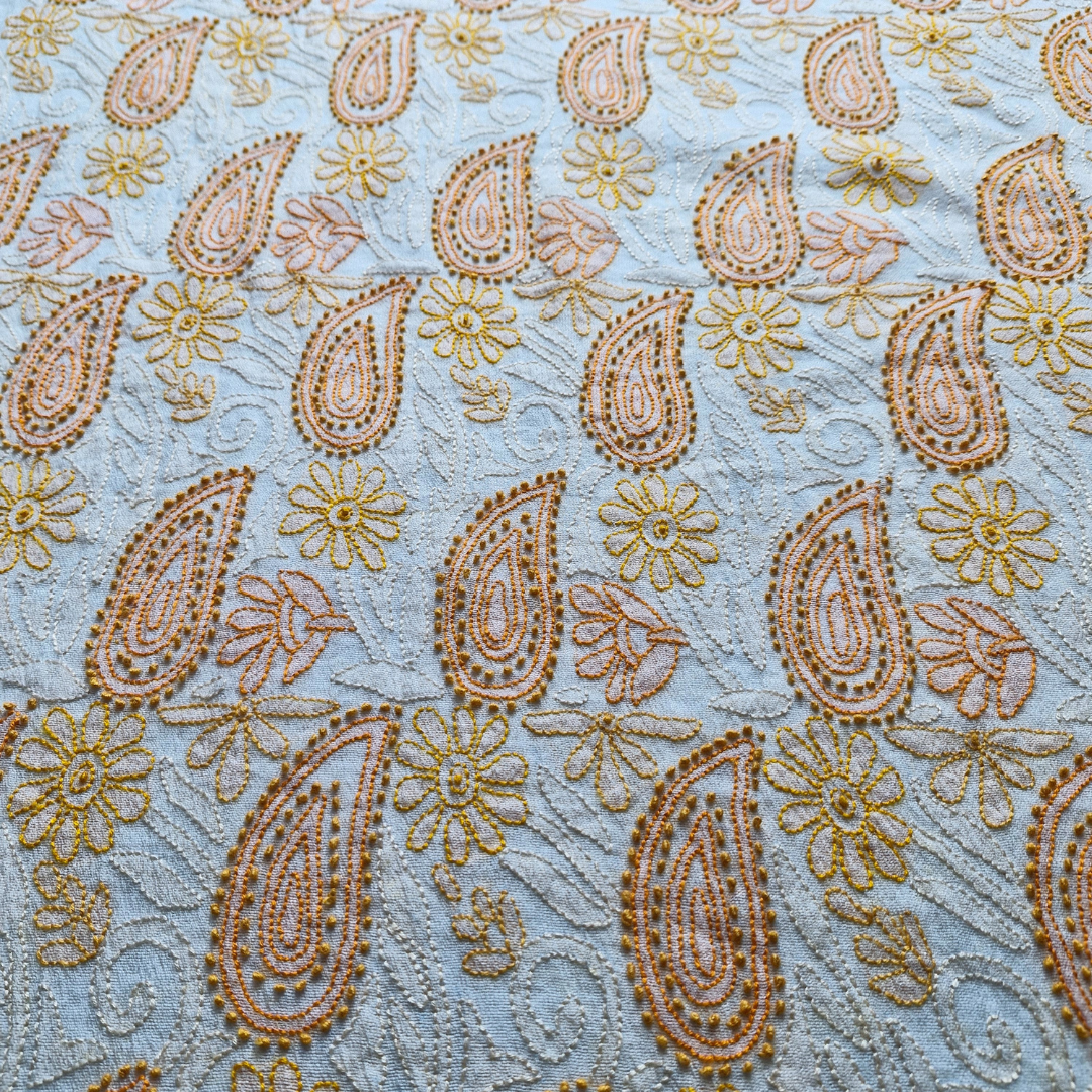 albaas | Shadow Chikankari on Khadi Net Shirt's Front and Sleeves with Dupatta Sprayed with Motifs - Unstitched 2PC Suit   | AKNSSD-36550-A-ORANGE-O-WHITE