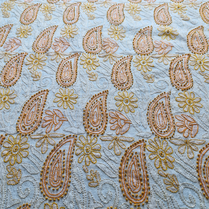 albaas | Shadow Chikankari on Khadi Net Shirt's Front and Sleeves with Dupatta Sprayed with Motifs - Unstitched 2PC Suit   | AKNSSD-36550-A-ORANGE-O-WHITE