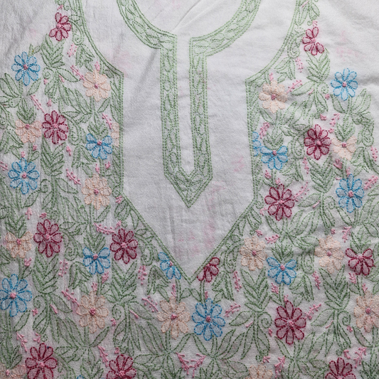 albaas | Shadow Chikankari on Khadi Net Shirt's Front and Sleeves with Dupatta Sprayed with Motifs - Unstitched 2PC Suit   | AKNSSD-36550-D-GREENISH