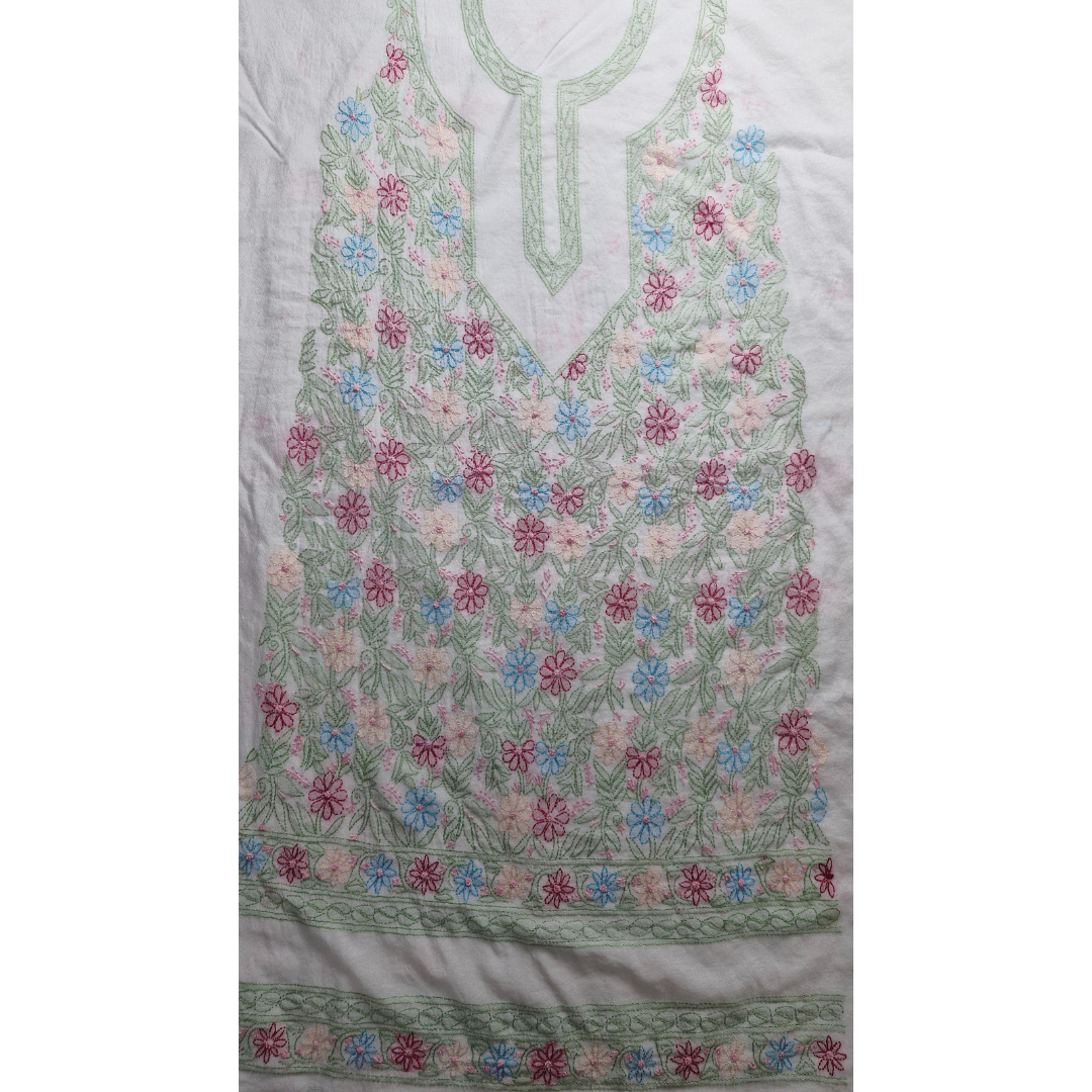 albaas | Shadow Chikankari on Khadi Net Shirt's Front and Sleeves with Dupatta Sprayed with Motifs - Unstitched 2PC Suit   | AKNSSD-36550-D-GREENISH