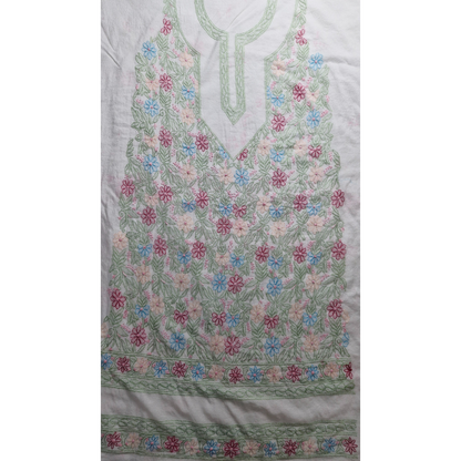 albaas | Shadow Chikankari on Khadi Net Shirt's Front and Sleeves with Dupatta Sprayed with Motifs - Unstitched 2PC Suit   | AKNSSD-36550-D-GREENISH