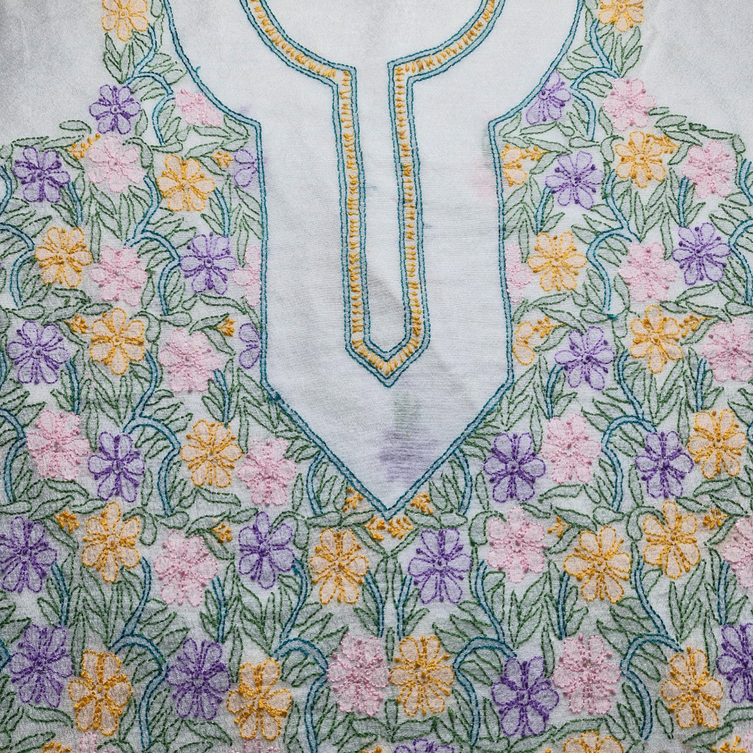 albaas | Shadow Chikankari on Khadi Net Shirt's Front and Sleeves with Dupatta Sprayed with Motifs - Unstitched 2PC Suit   | AKNSSD-36550-D-WHITE