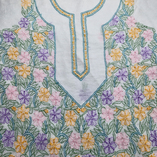 albaas | Shadow Chikankari on Khadi Net Shirt's Front and Sleeves with Dupatta Sprayed with Motifs - Unstitched 2PC Suit   | AKNSSD-36550-D-WHITE