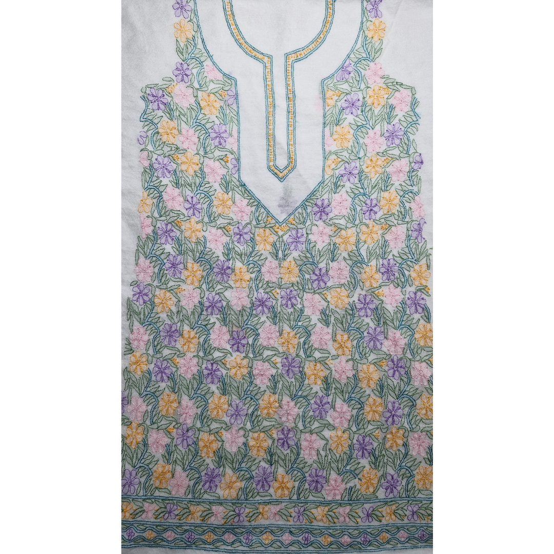 albaas | Shadow Chikankari on Khadi Net Shirt's Front and Sleeves with Dupatta Sprayed with Motifs - Unstitched 2PC Suit   | AKNSSD-36550-D-WHITE