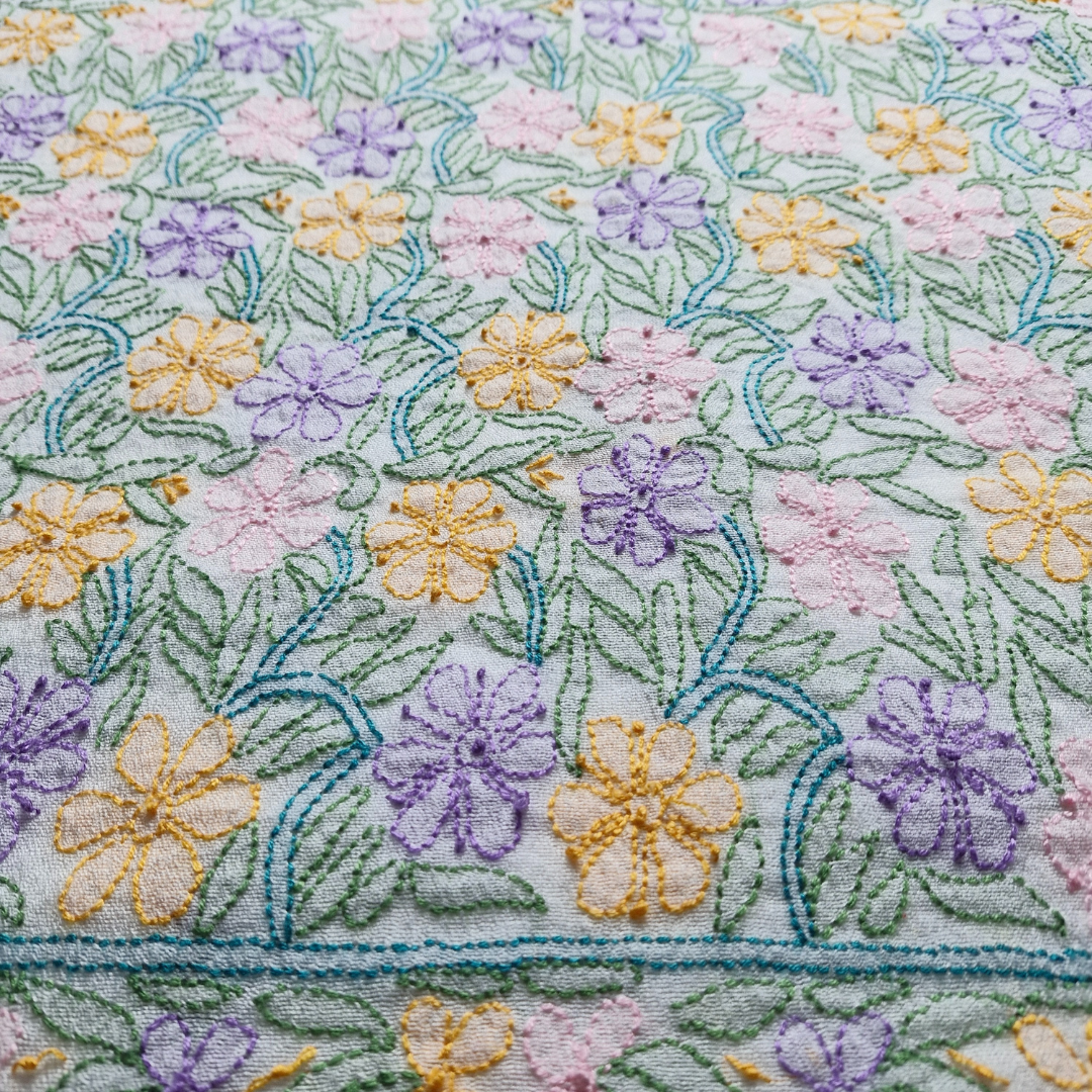 albaas | Shadow Chikankari on Khadi Net Shirt's Front and Sleeves with Dupatta Sprayed with Motifs - Unstitched 2PC Suit   | AKNSSD-36550-D-WHITE