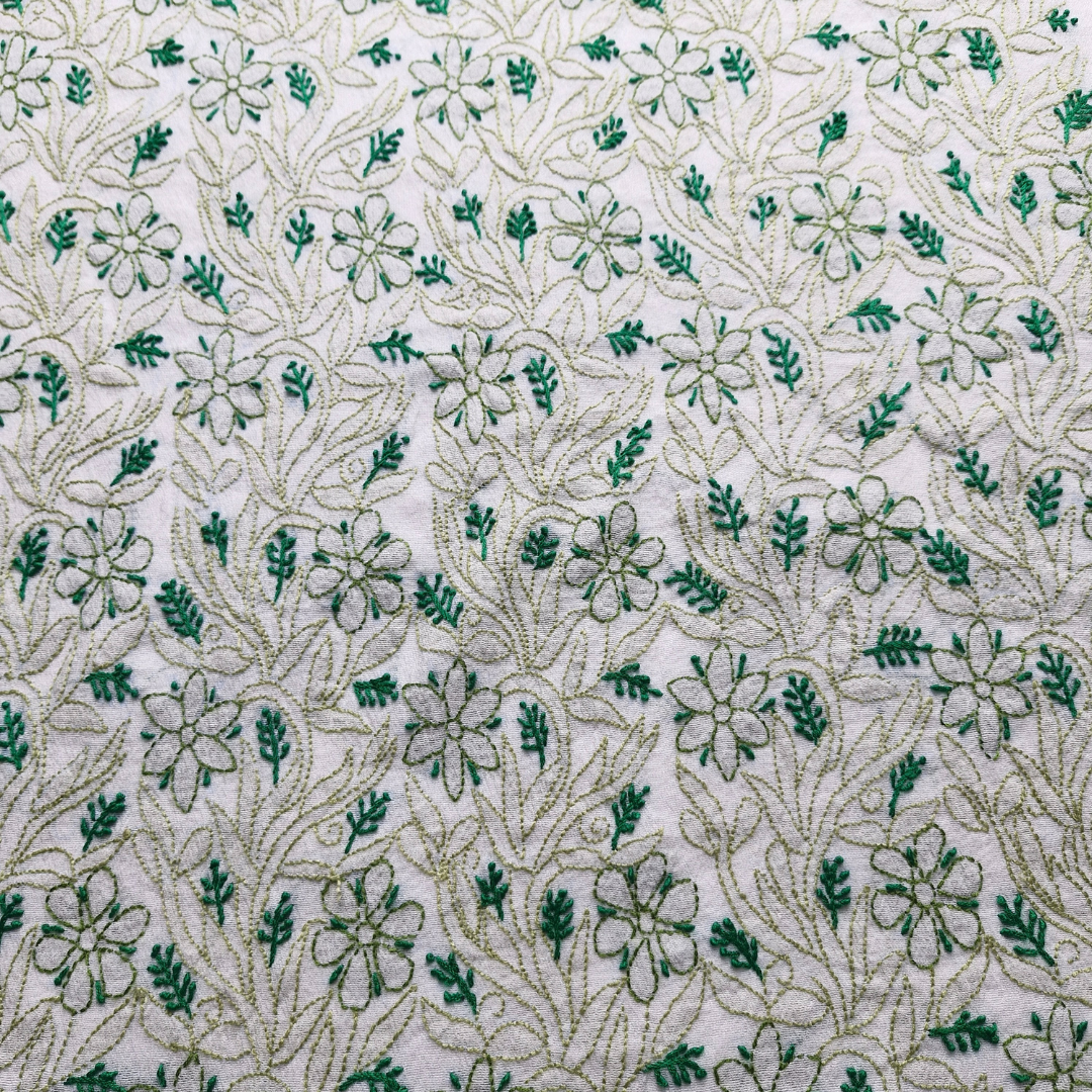albaas | Shadow Chikankari on Khadi Net Shirt's Front and Sleeves with Dupatta Sprayed with Motifs - Unstitched 2PC Suit   | AKNSSD-36550-E-GREEN-O-WHITE