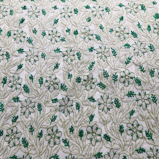 albaas | Shadow Chikankari on Khadi Net Shirt's Front and Sleeves with Dupatta Sprayed with Motifs - Unstitched 2PC Suit   | AKNSSD-36550-E-GREEN-O-WHITE
