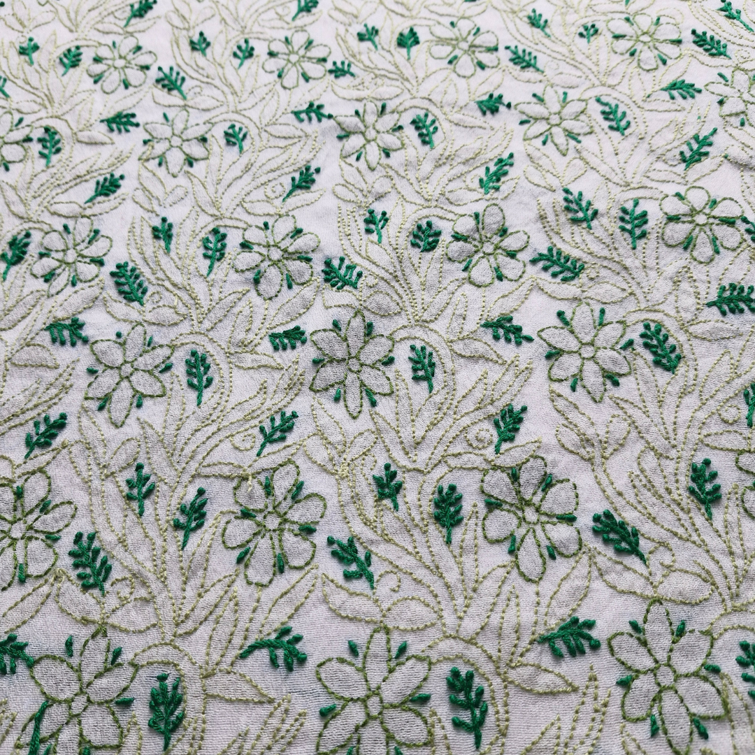 albaas | Shadow Chikankari on Khadi Net Shirt's Front and Sleeves with Dupatta Sprayed with Motifs - Unstitched 2PC Suit   | AKNSSD-36550-E-GREEN-O-WHITE