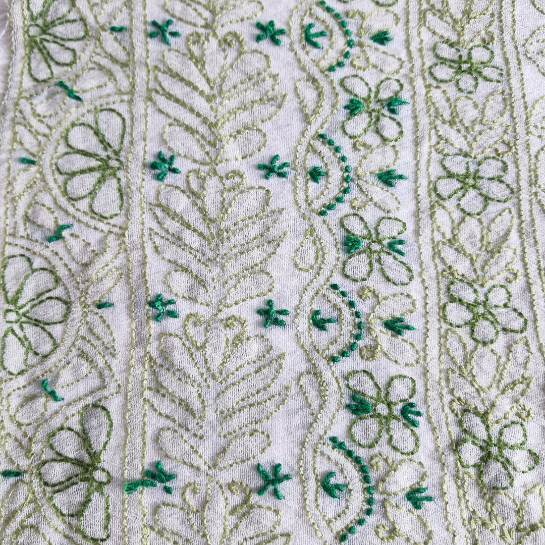 albaas | Shadow Chikankari on Khadi Net Shirt's Front and Sleeves with Dupatta Sprayed with Motifs - Unstitched 2PC Suit   | AKNSSD-36550-E-GREEN-O-WHITE