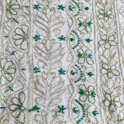 albaas | Shadow Chikankari on Khadi Net Shirt's Front and Sleeves with Dupatta Sprayed with Motifs - Unstitched 2PC Suit   | AKNSSD-36550-E-GREEN-O-WHITE