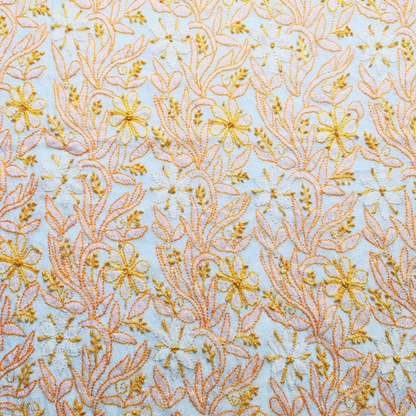 albaas | Shadow Chikankari on Khadi Net Shirt's Front and Sleeves with Dupatta Sprayed with Motifs - Unstitched 2PC Suit   | AKNSSD-36550-E-ORANGE-O-WHITE