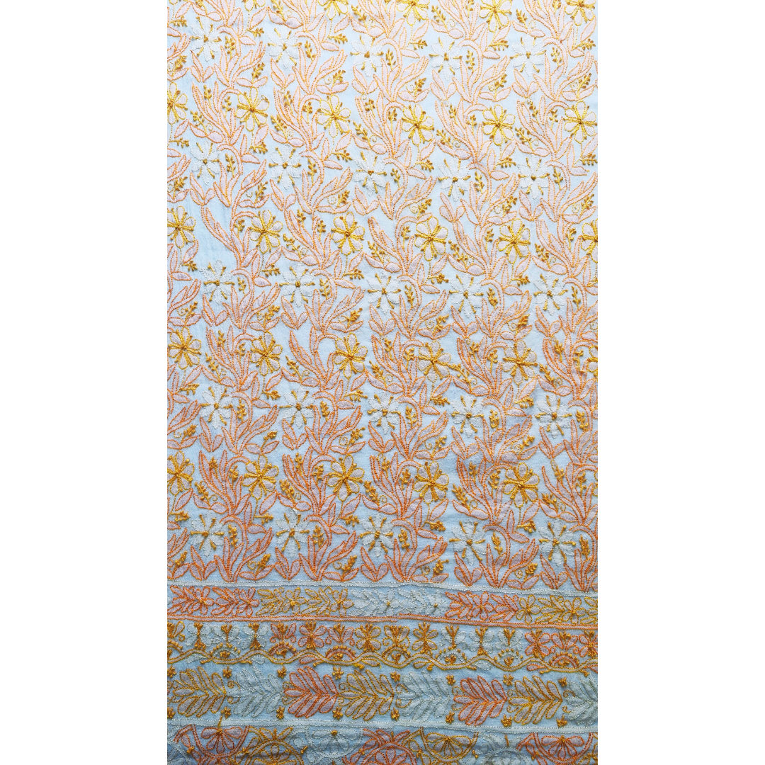 albaas | Shadow Chikankari on Khadi Net Shirt's Front and Sleeves with Dupatta Sprayed with Motifs - Unstitched 2PC Suit   | AKNSSD-36550-E-ORANGE-O-WHITE