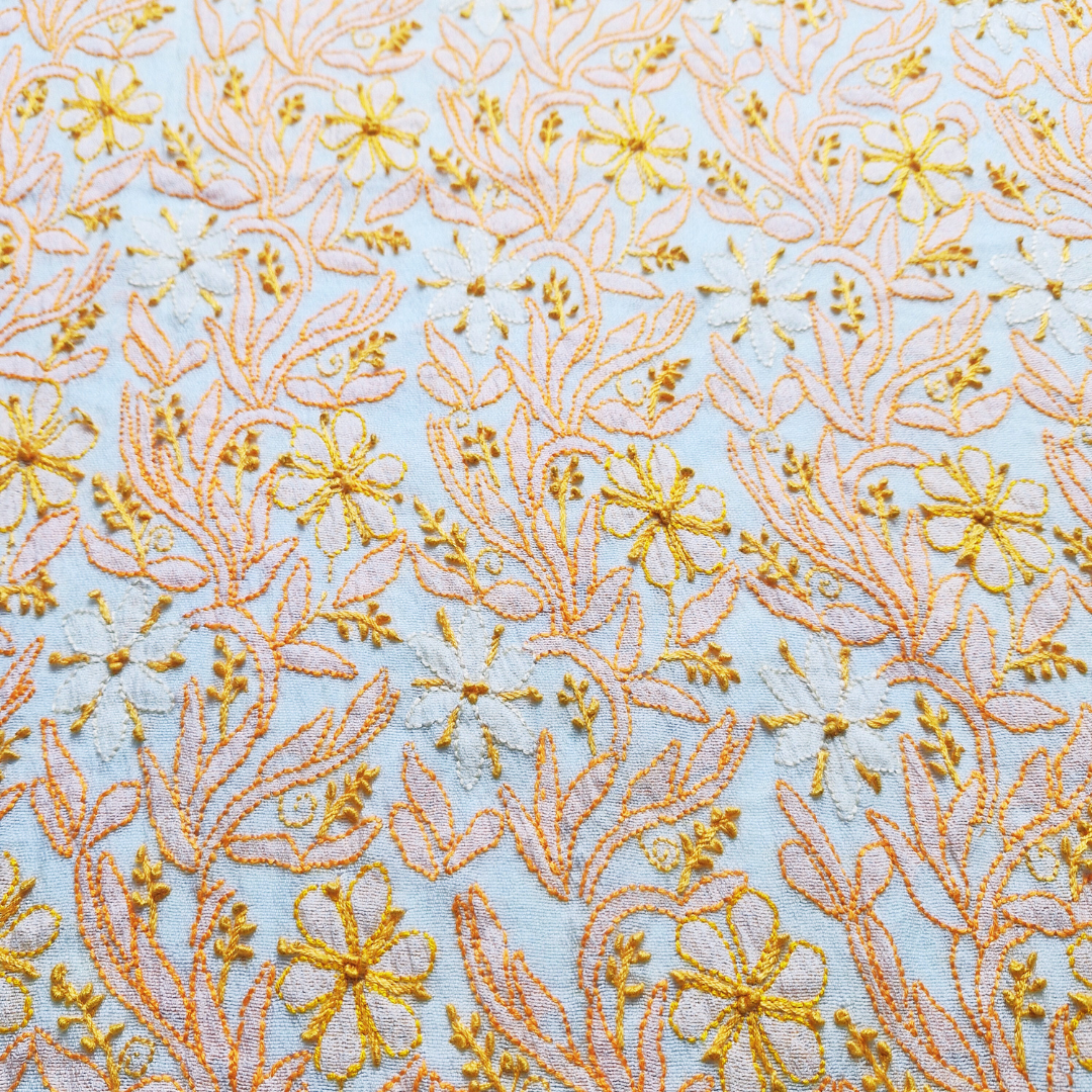 albaas | Shadow Chikankari on Khadi Net Shirt's Front and Sleeves with Dupatta Sprayed with Motifs - Unstitched 2PC Suit   | AKNSSD-36550-E-ORANGE-O-WHITE