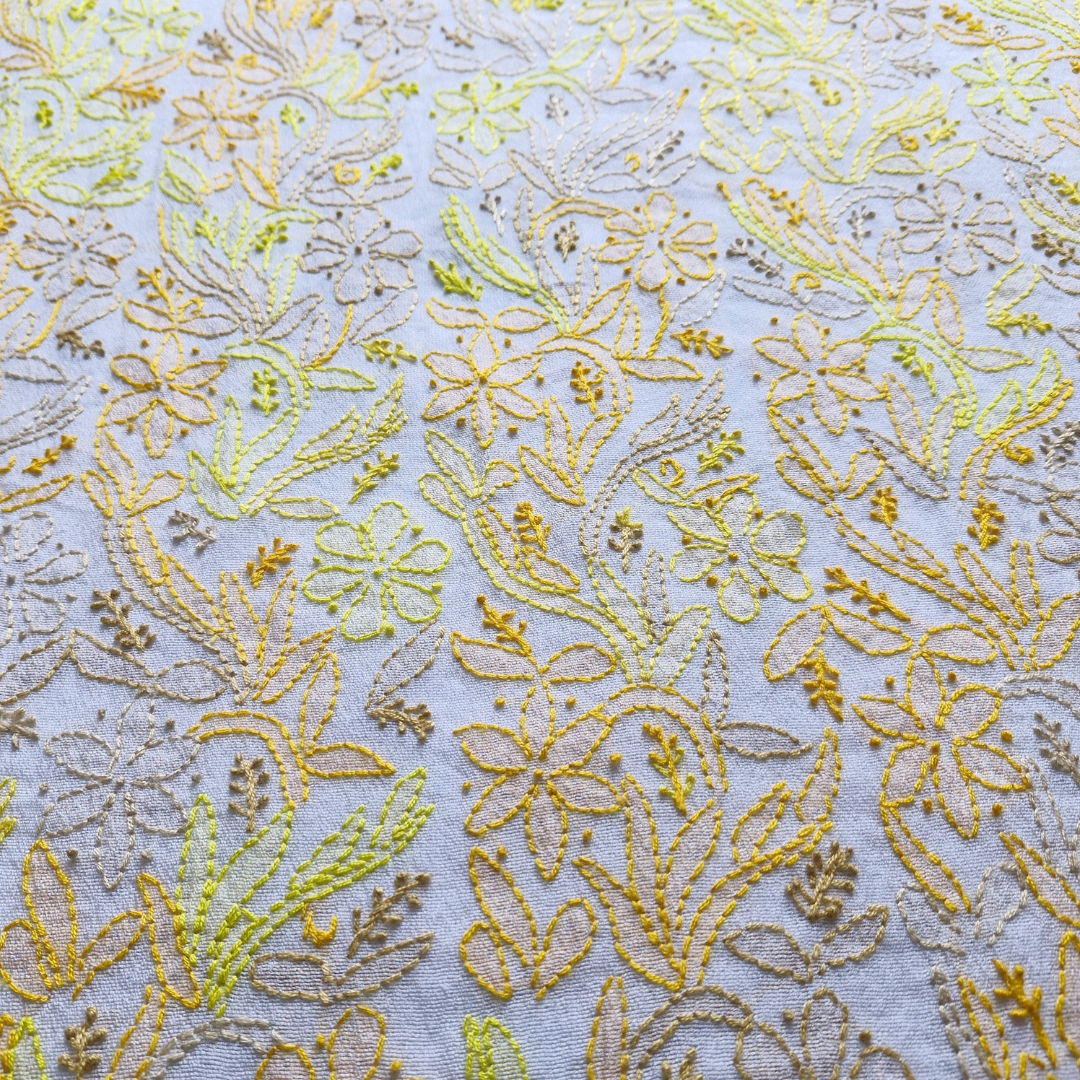 albaas | Shadow Chikankari on Khadi Net Shirt's Front and Sleeves with Dupatta Sprayed with Motifs - Unstitched 2PC Suit   | AKNSSD-36550-E-YELLOW-O-WHITE