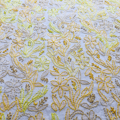 albaas | Shadow Chikankari on Khadi Net Shirt's Front and Sleeves with Dupatta Sprayed with Motifs - Unstitched 2PC Suit   | AKNSSD-36550-E-YELLOW-O-WHITE