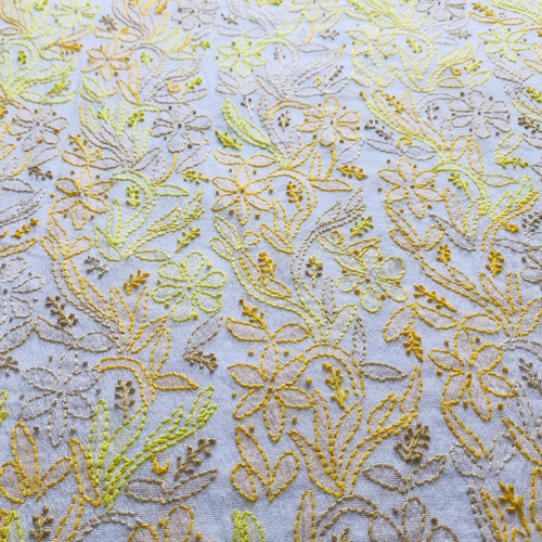 albaas | Shadow Chikankari on Khadi Net Shirt's Front and Sleeves with Dupatta Sprayed with Motifs - Unstitched 2PC Suit   | AKNSSD-36550-E-YELLOW-O-WHITE