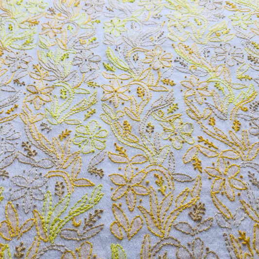 albaas | Shadow Chikankari on Khadi Net Shirt's Front and Sleeves with Dupatta Sprayed with Motifs - Unstitched 2PC Suit   | AKNSSD-36550-E-YELLOW-O-WHITE