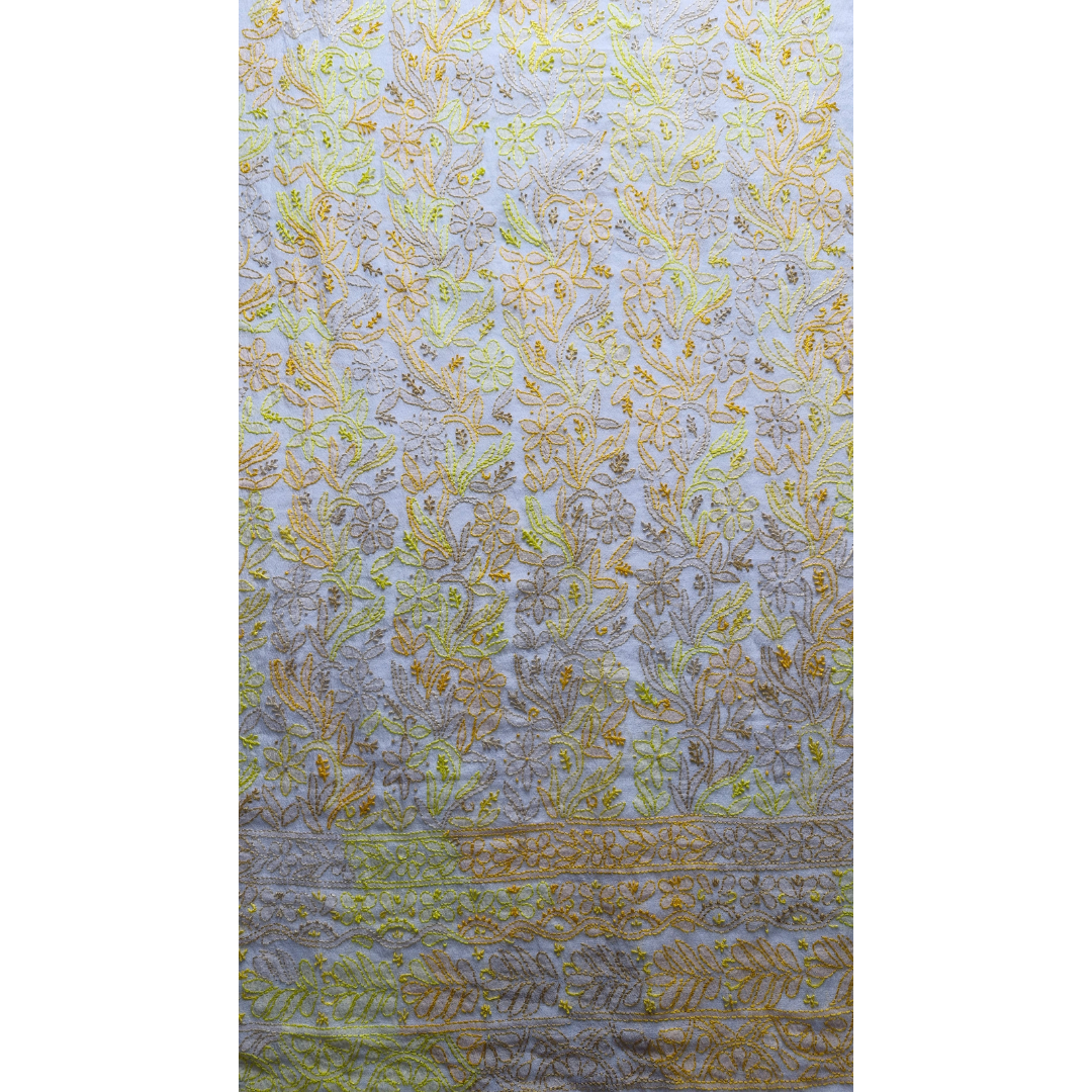 albaas | Shadow Chikankari on Khadi Net Shirt's Front and Sleeves with Dupatta Sprayed with Motifs - Unstitched 2PC Suit   | AKNSSD-36550-E-YELLOW-O-WHITE