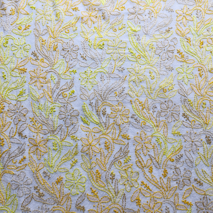 albaas | Shadow Chikankari on Khadi Net Shirt's Front and Sleeves with Dupatta Sprayed with Motifs - Unstitched 2PC Suit   | AKNSSD-36550-E-YELLOW-O-WHITE